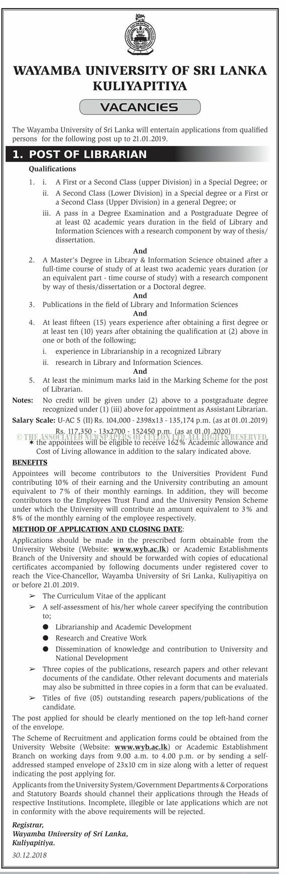 Librarian - Wayamba University